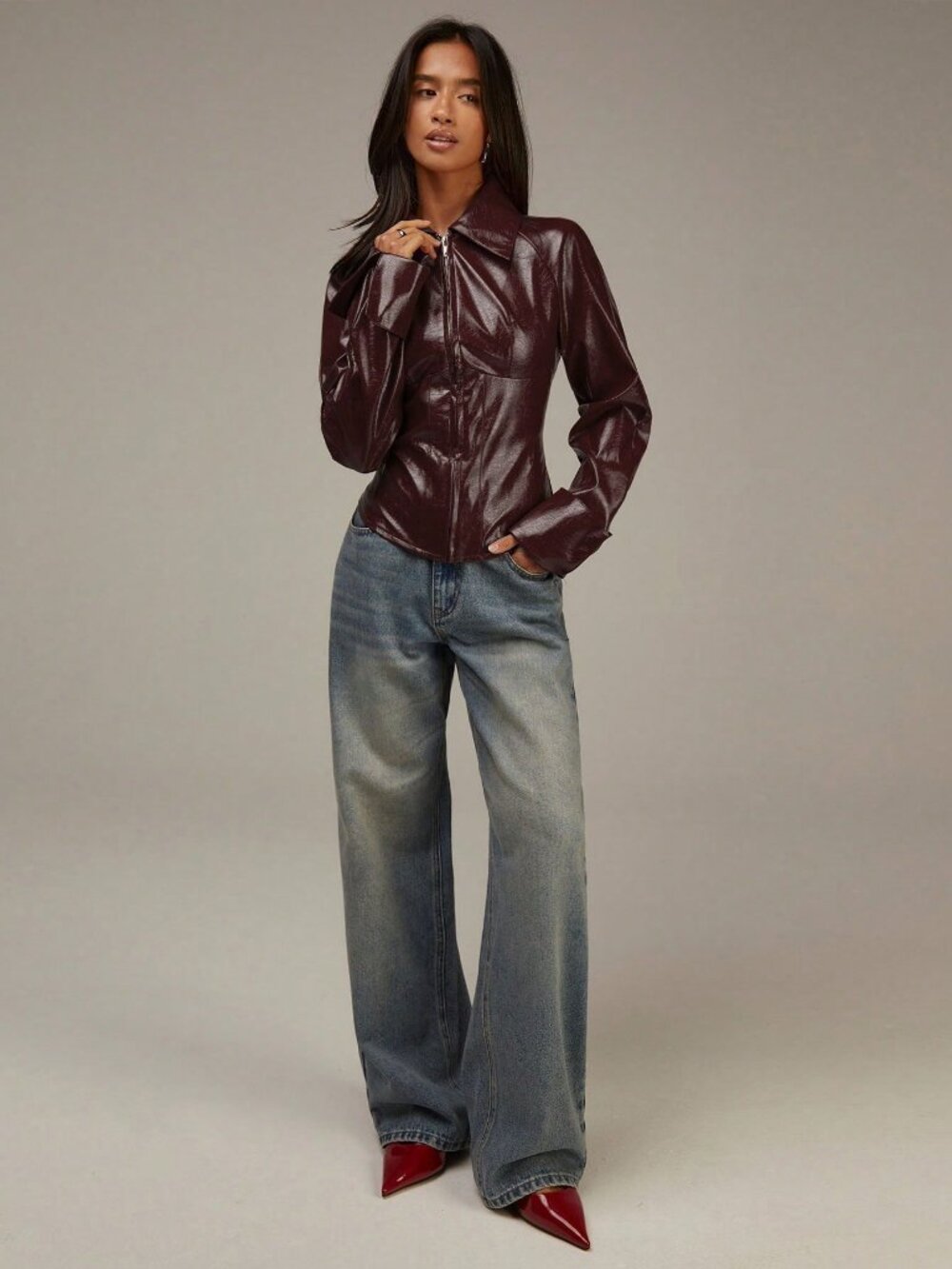 burgundy Casual Women's Faux Leather Long Sleeve Zip Up Slim Fit Shiny jacket - Picture 5 of 6